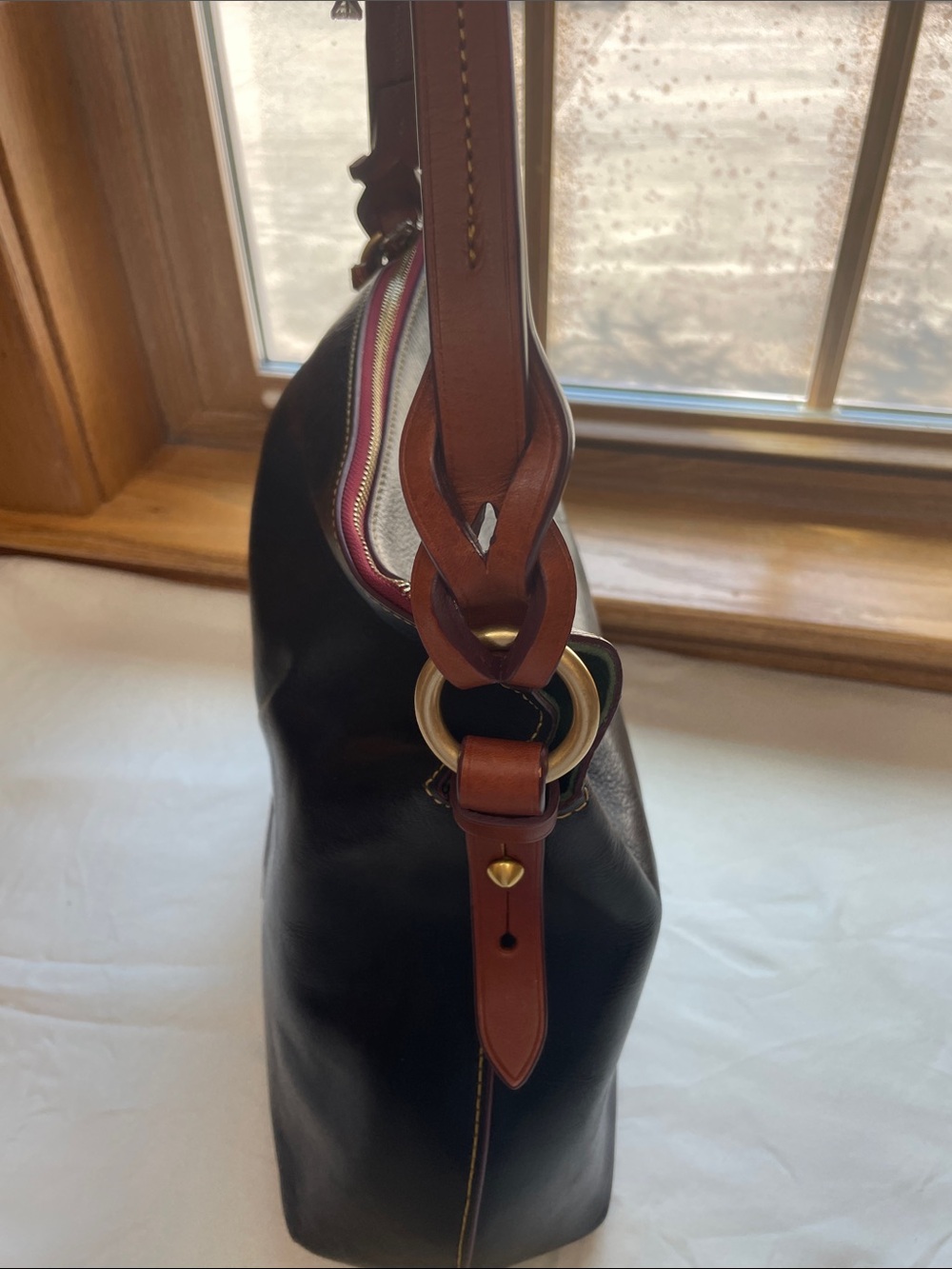 Dooney & Bourke Navy Florentine Twist Strap Hobo Brown Trim and Tassel - Picture 16 of 16